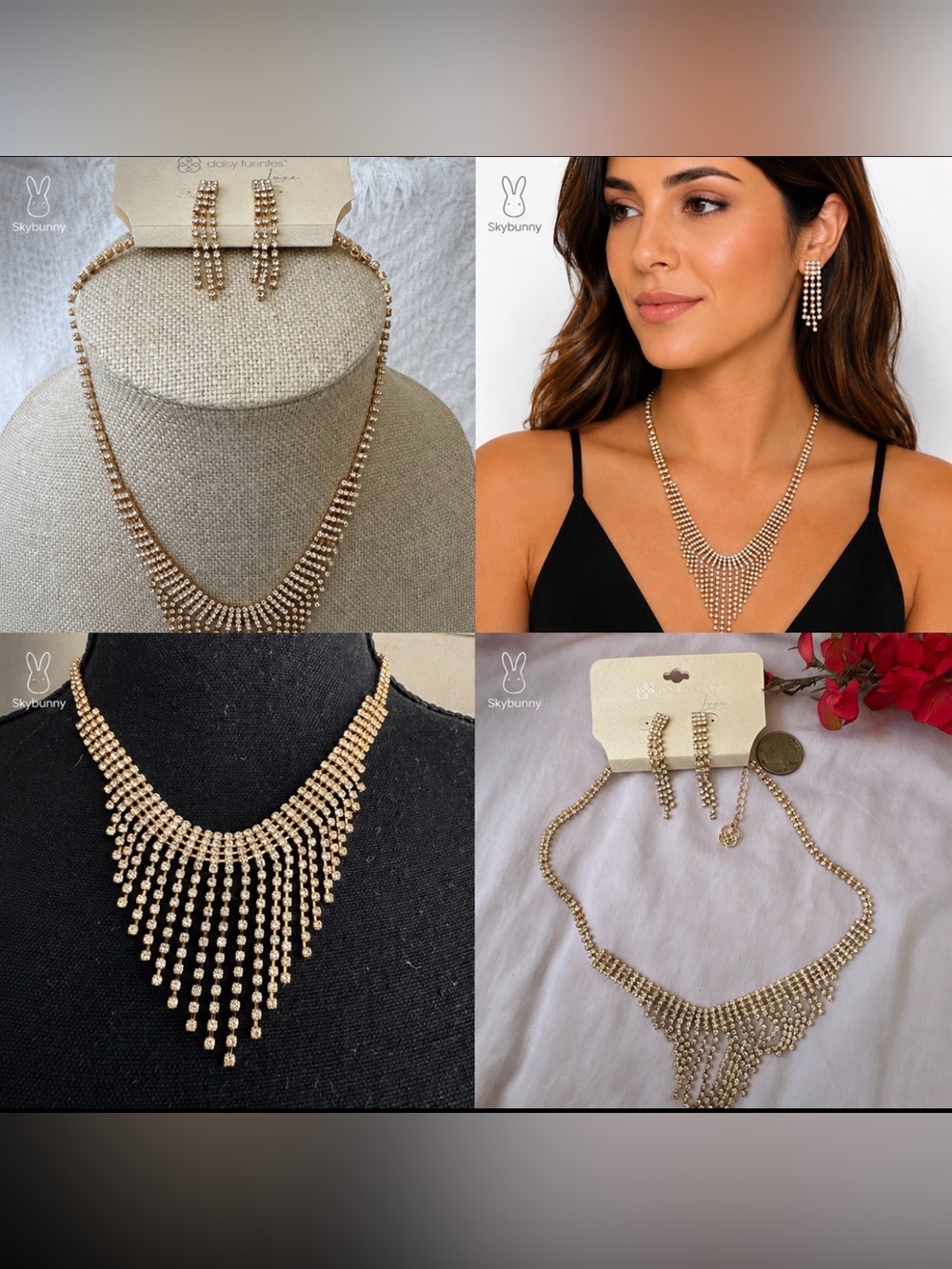 DAISY FUENTES Rhinestone Fringe Gold Tone Necklace & Earrings Set NWT